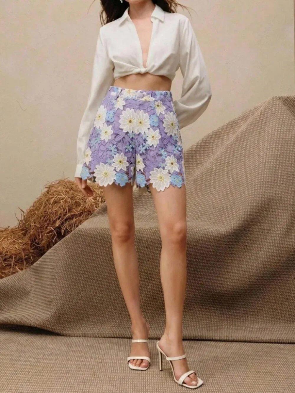 Lavender Floral Lace Shorts with Daisy Appliqués